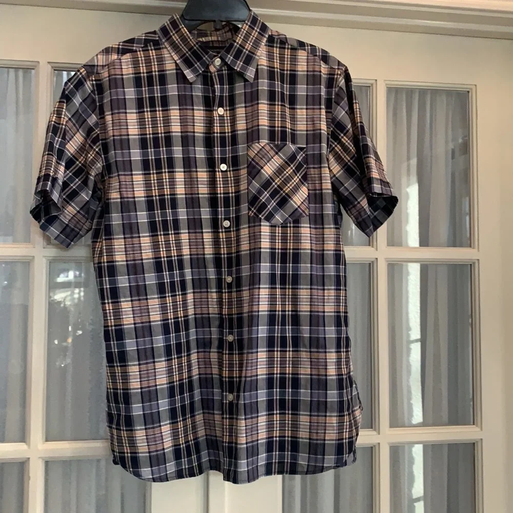 Banana Republic blue & orange plaid short sleeve button down shirt